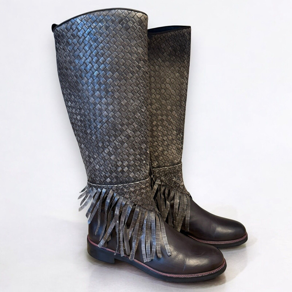 Pons Quintana Tall Boots Braided Leather Fringe Detail Gray Metal 41.5 11.5 US